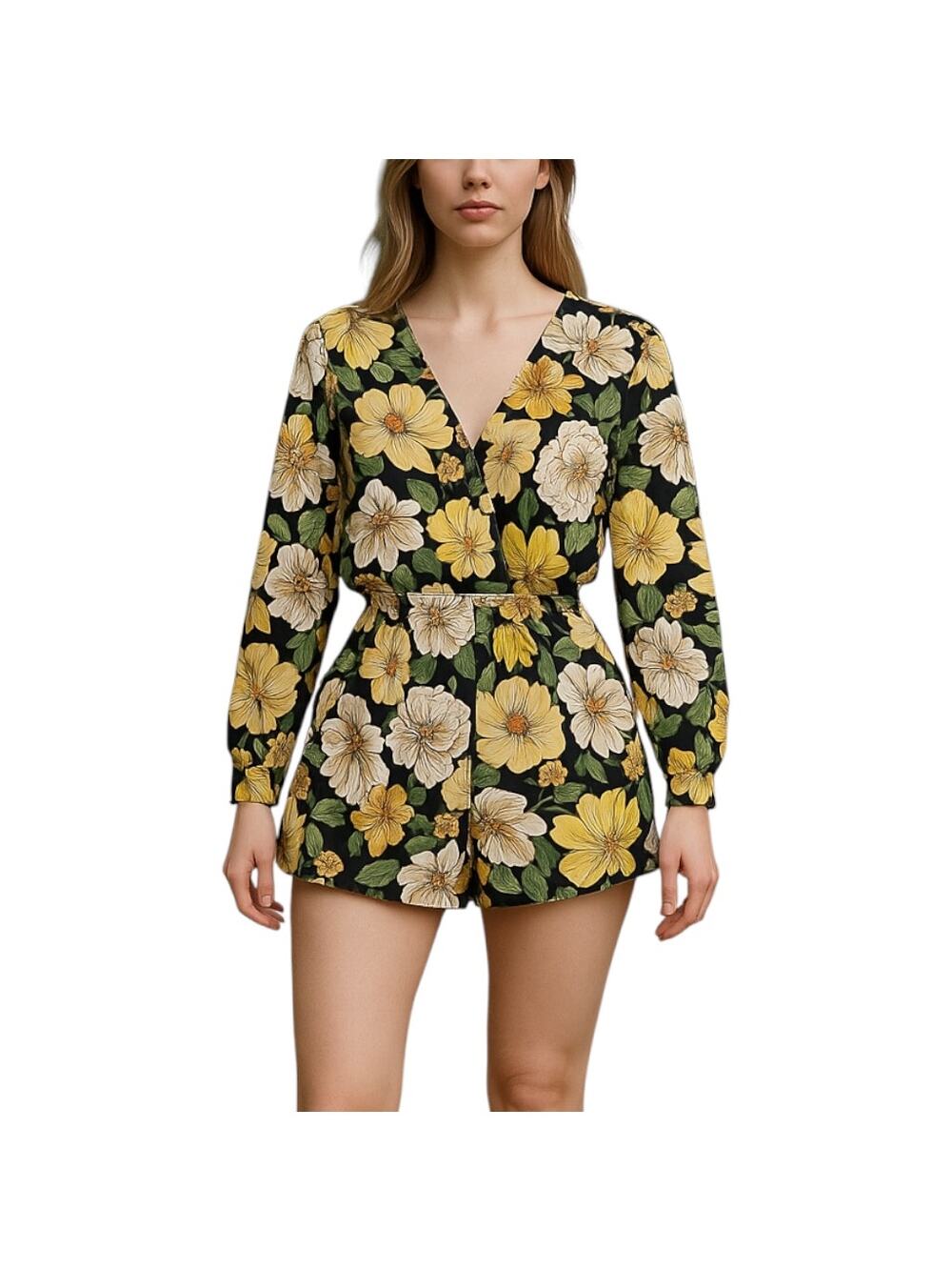 Forever21 Black Yellow Multi Long Sleeve Floral Short Romper Size 1X